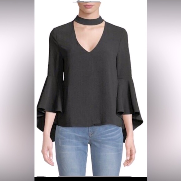 MISSGUIDED CHOCKER NECK BELL SLEEVES BACK ZIPPER BLACK BLOUSE IN SIZE 6 - Picture 2 of 9